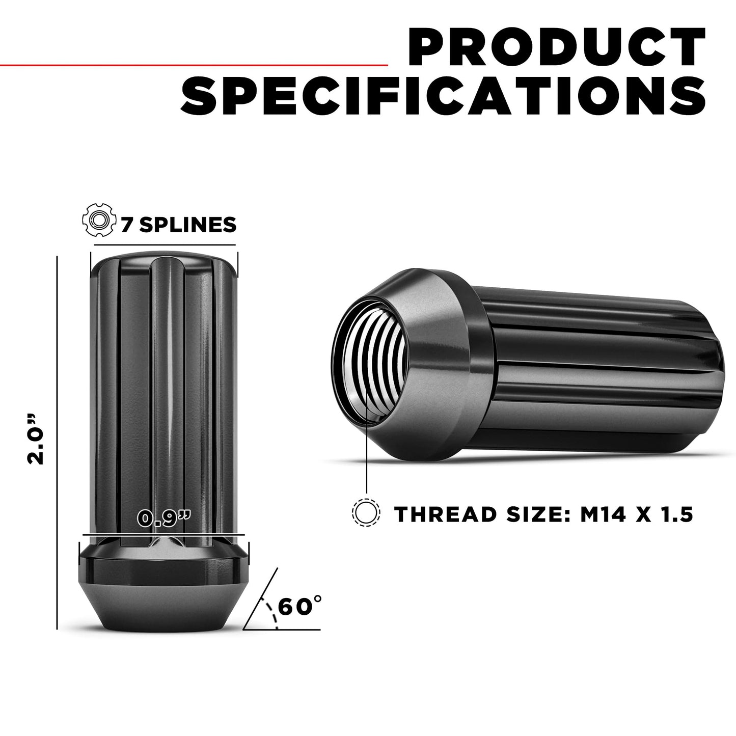 White Knight M14x1.50 (Black Chrome) Duplex 7 Spline Lug Nuts with Key (for Aftermarket Wheels), EZ Installation, Durable Carbon Steel with Stylish Black Chrome Finish, 3809LBK-24AM (24 Pack)