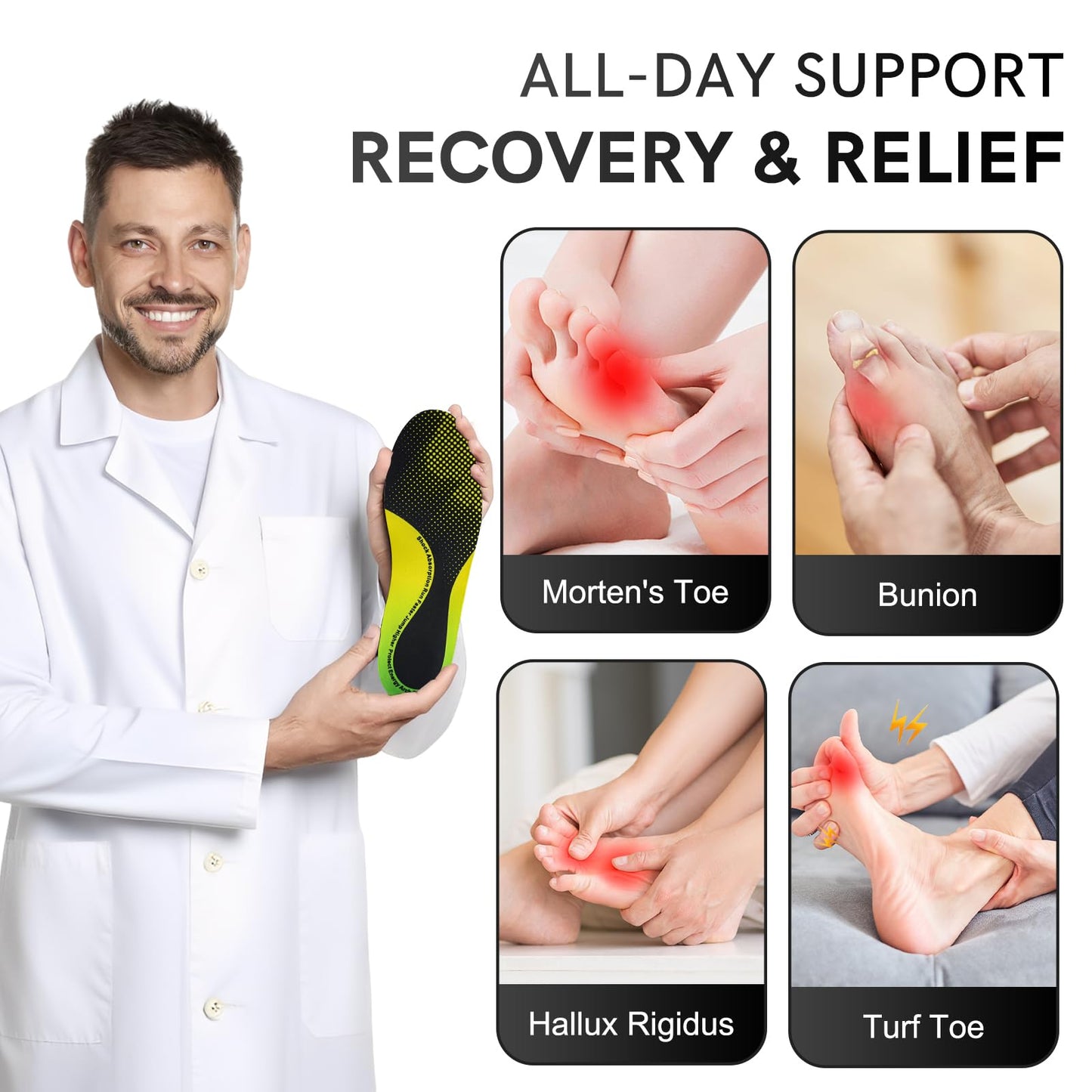 3/4 Length Orthotic Shoe Inserts for Heel & Foot Pain Relief, High Arch SupportOrthopedic Insoles,Plantar Fasciitis Arch Support Insoles for Women & Men (Yellow, US Men:9.5-10.5, Women:11-12)