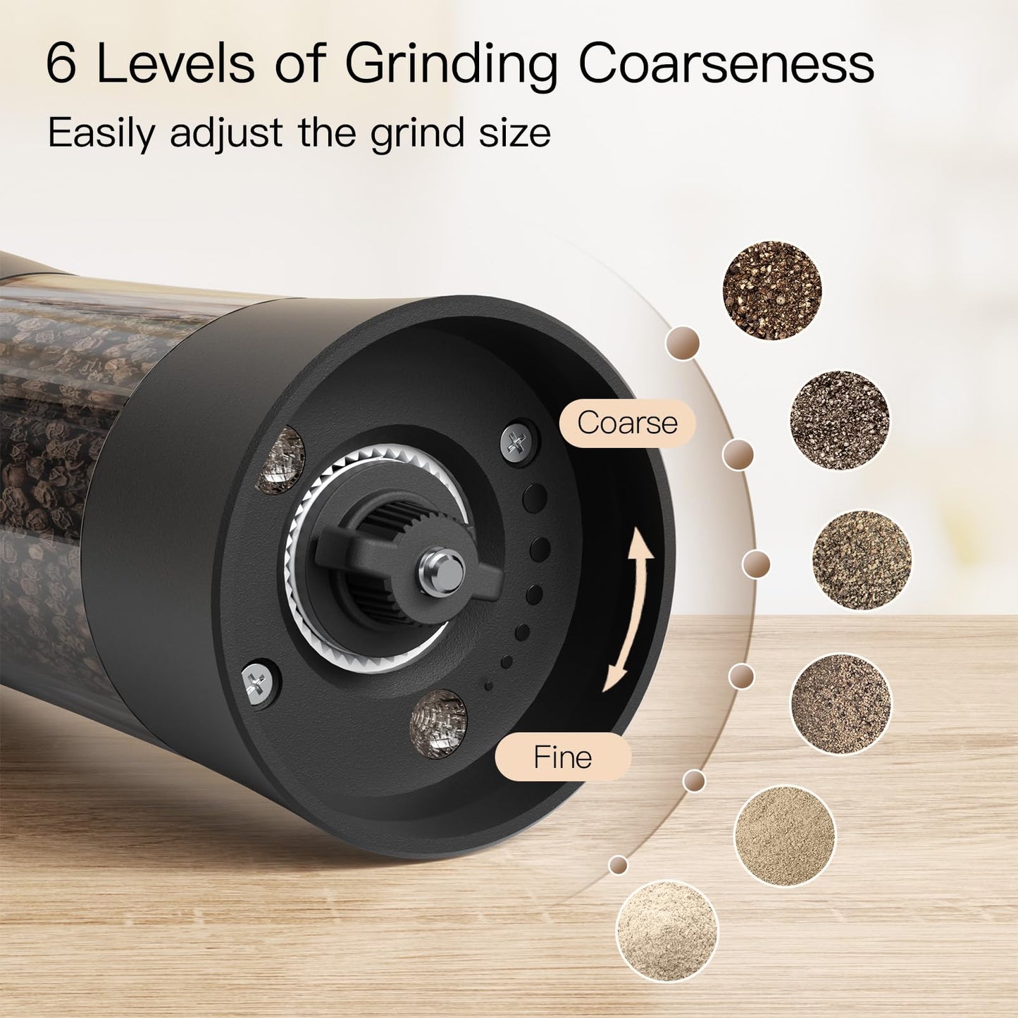 Ultrean Pepper Grinder 2pcs, Rechargeable Salt and Pepper Grinder with 6 Adjustable Coarseness, One-Hand Automatic Operation, LED Light(Black)