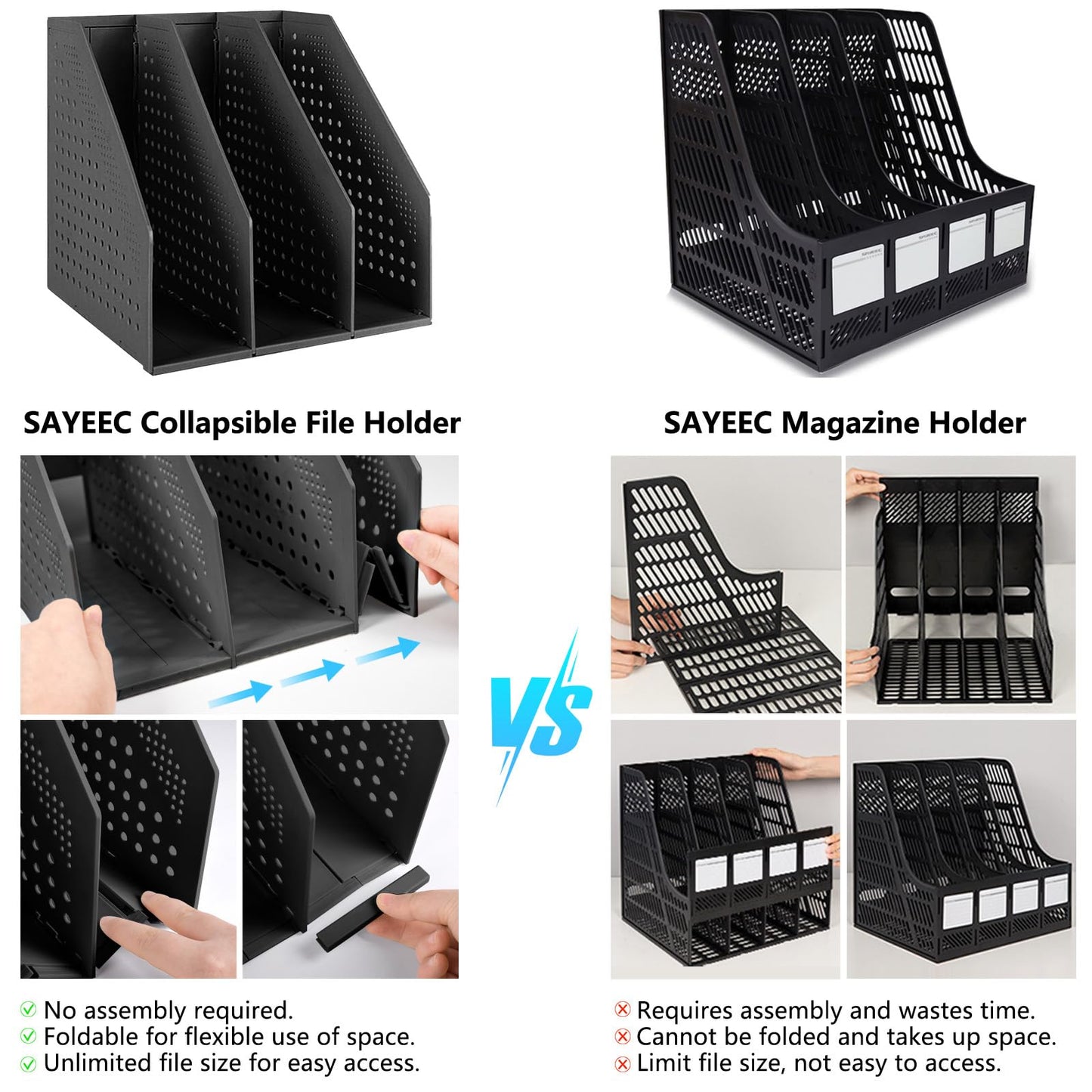 SAYEEC 2Pcs Collapsible Plastic Magazine File Holder Vertical Binder Storage Organizer for Desk Sturdy Upright Desktop Magazine Organizer Folder Rack for Office School Home (3 Compartments, Black)