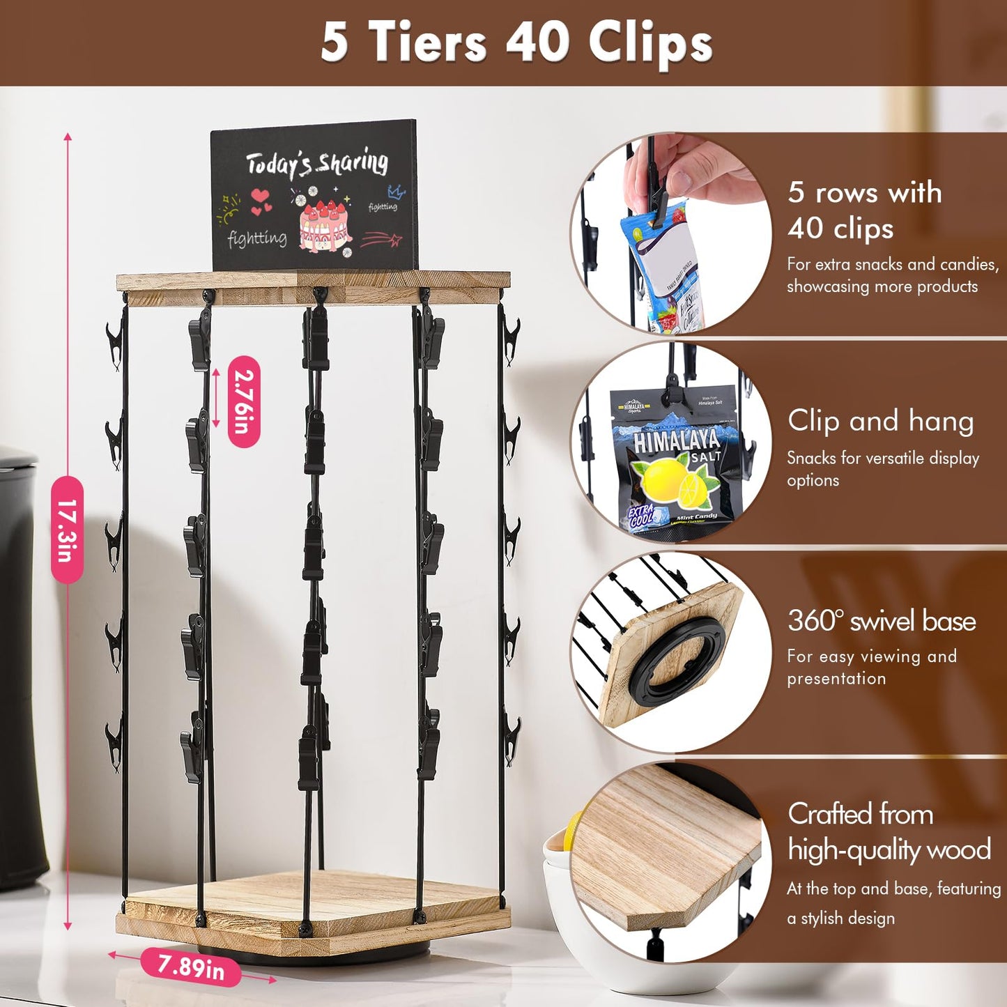 Pinzoveco Chip Rack Display Stand, 5 Tiers 40 Clips Snack Organizer for Office Desk, 360° Wooden Base Chip Holder Candy Display for Concession Stand, Countertop, Party, With Message Board