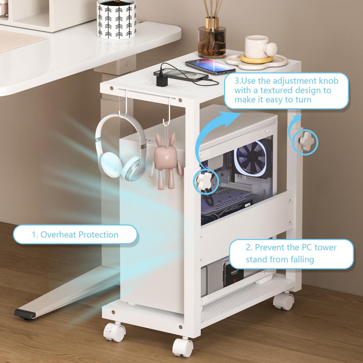 Computer Tower Stand with LED Light Strip,Mobile Rolling CPU Holder,Height Adjustable PC Tower Stand with Charging Station for Office Home (White)