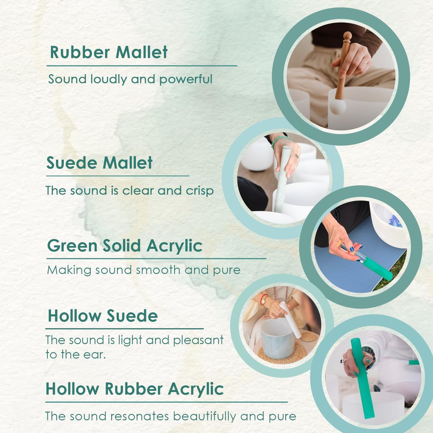 UPCEED 5 Pcs Singing Bowl Mallet Set, Rubber Mallet with Wooden Handle, Acrylic Silicone Rubber Mallet Striker, Handmade Thick Suede Sheepskin Striker for Playing Quartz Crystal Singing Bowls(Green)