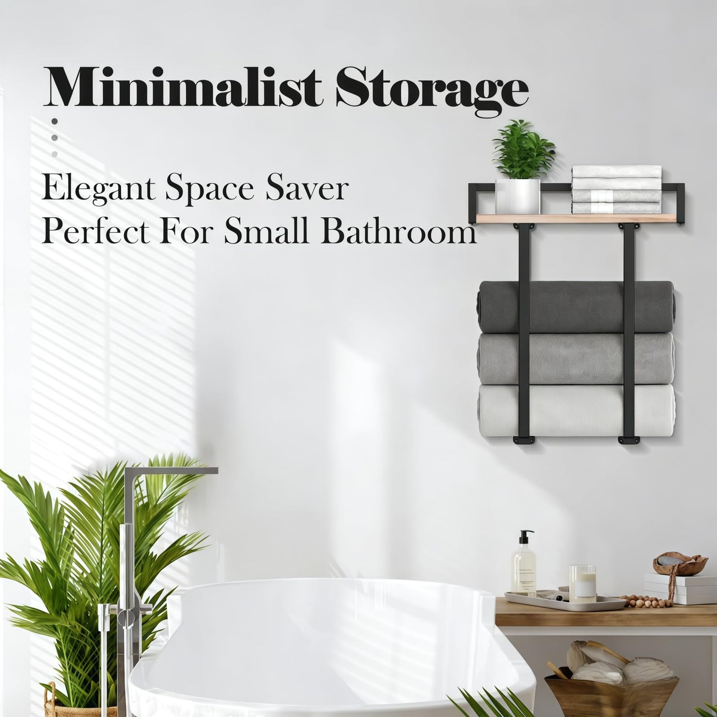 Bathroom Wall Mounted Towel Rack - Metal Towel Holder with Wooden Shelf, Easy to Install, Fits Large Folded Towels, Towel Storage Organizer for Small Bathroom & RV Camping Decor