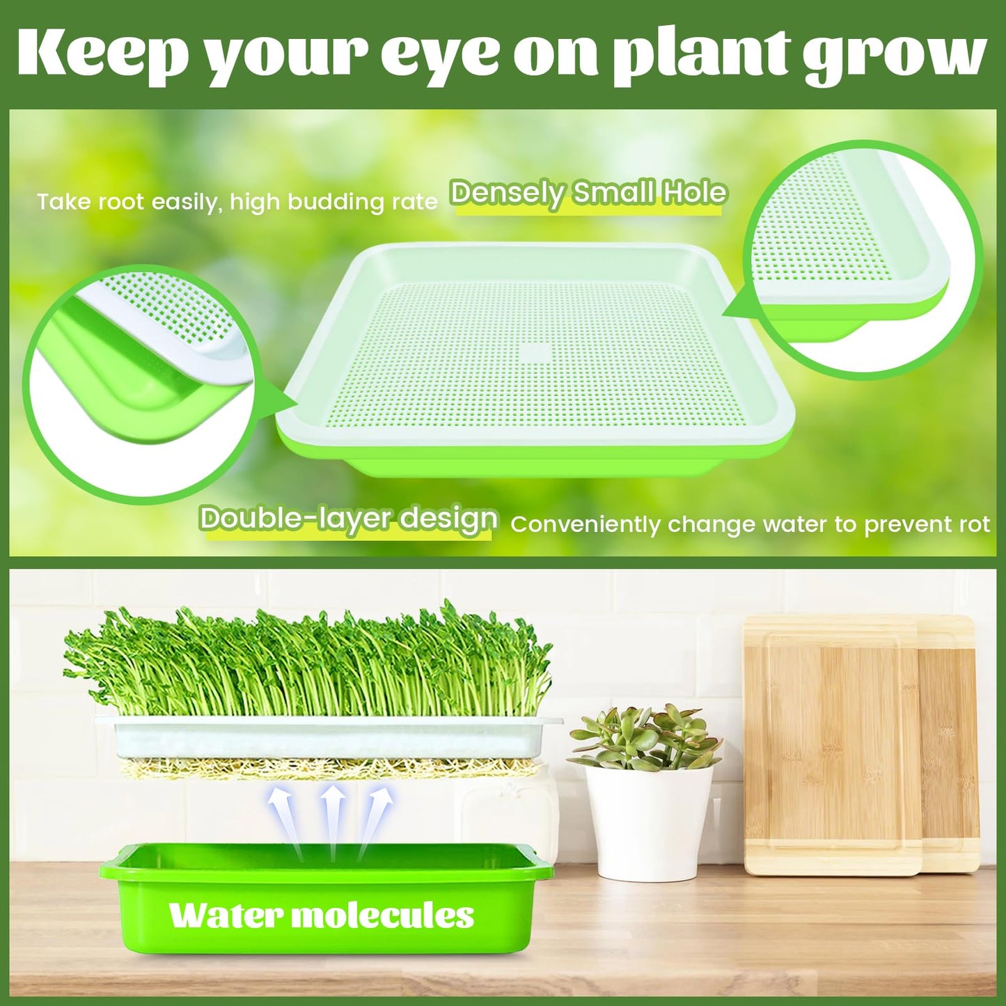 Legigo 10 Pack Green Seed Sprouter Trays- Soil-Free Cultivation Germination Tray, BPA Free Nursery Tray with Planting Paper for Indoors or Outdoors Sprouting Seeds, Grow Grass, Beans