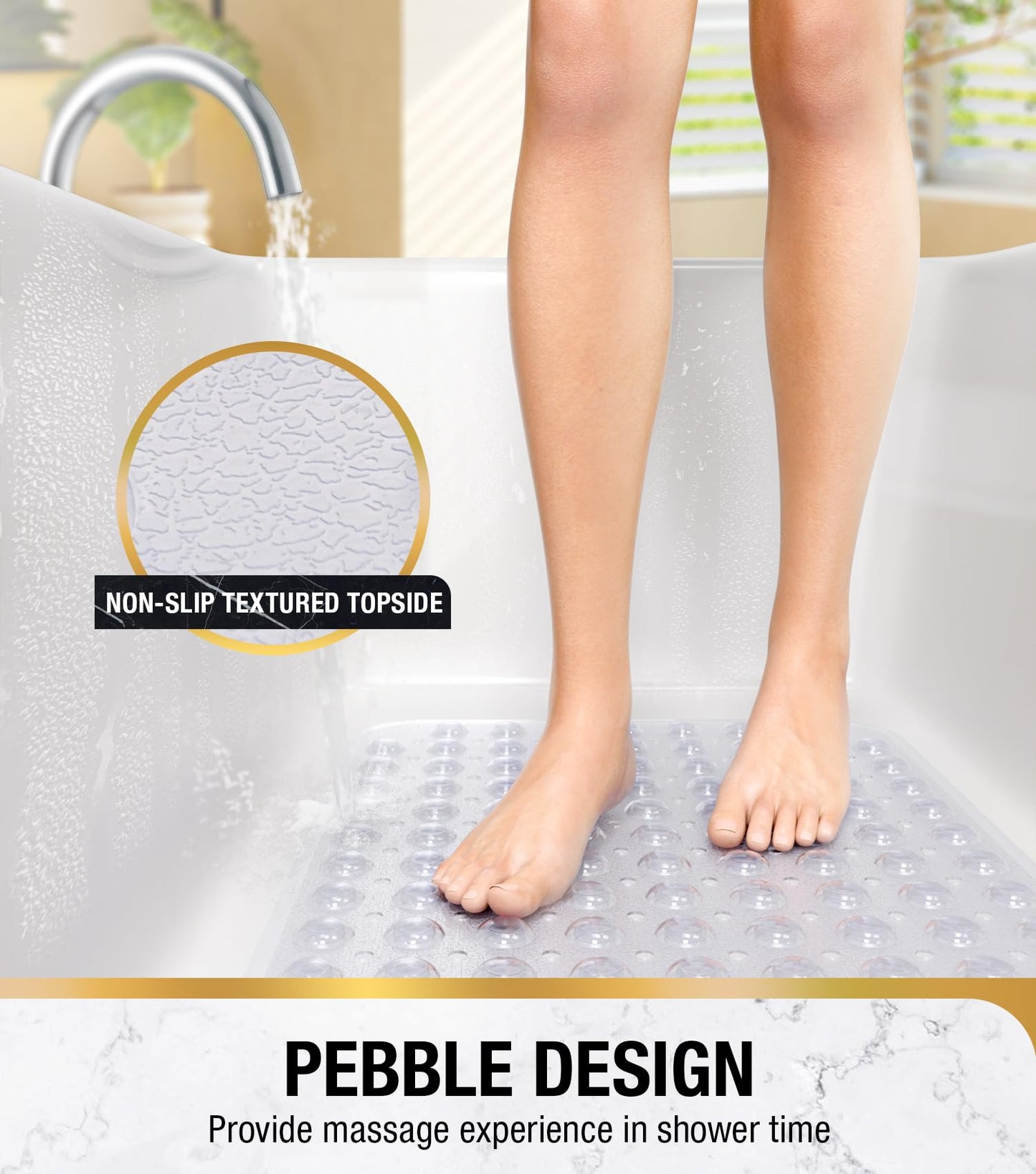 HITSLAM Bath Mat for Tub, 2 Pack Non Slip Bathtub Mat, 101x40cm Extra Long Bath Tub Mat, Machine Washable Bathroom Shower Mat with Suction Cups and Drain Holes, Soft on Feet, Clear