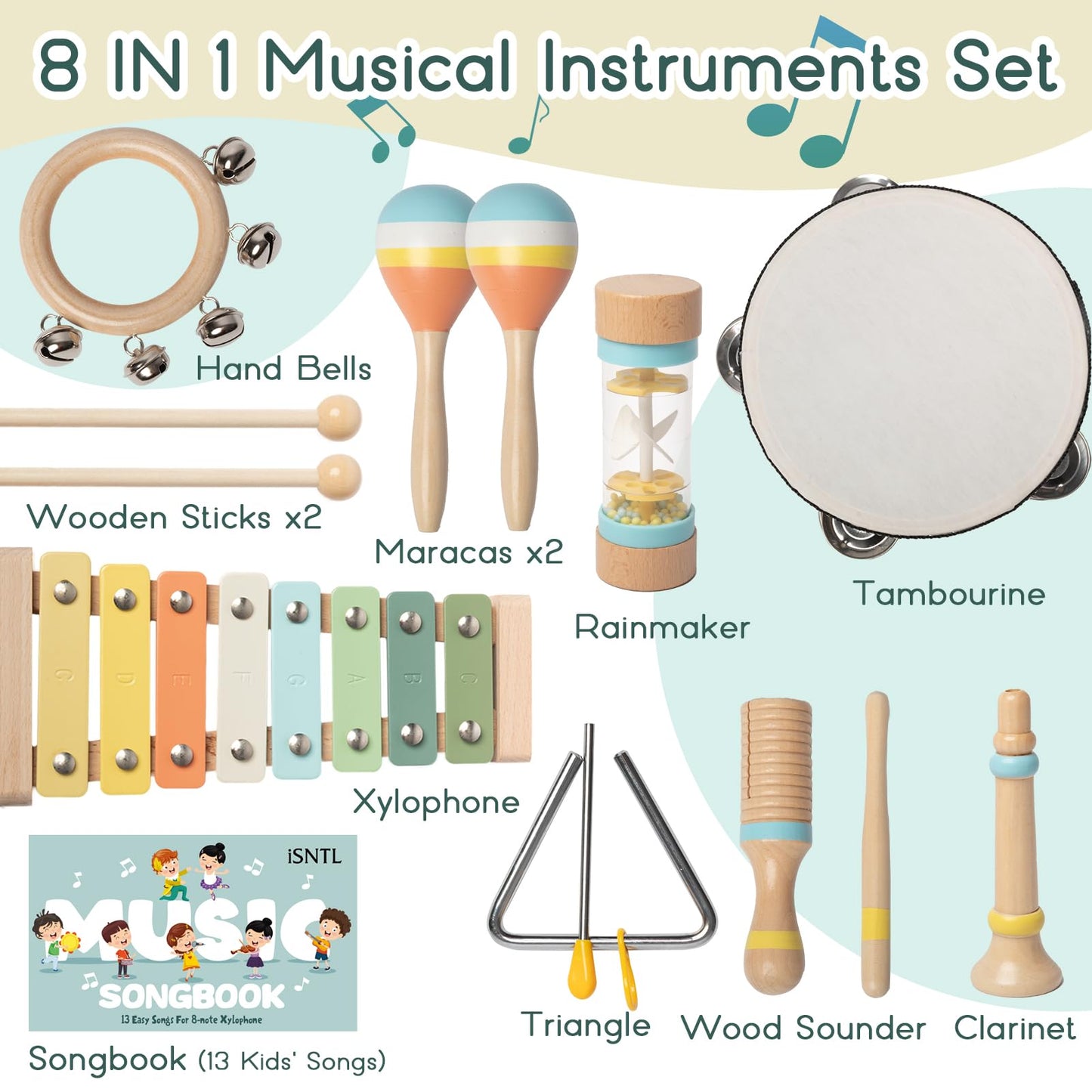 Baby Musical Instruments - Wooden Montessori Toys for Toddlers 1-3,Modern Boho Xylophone Includes Songbook with 13 Kids' Songs,Neutral Colors Wooden Percussion Instruments Set