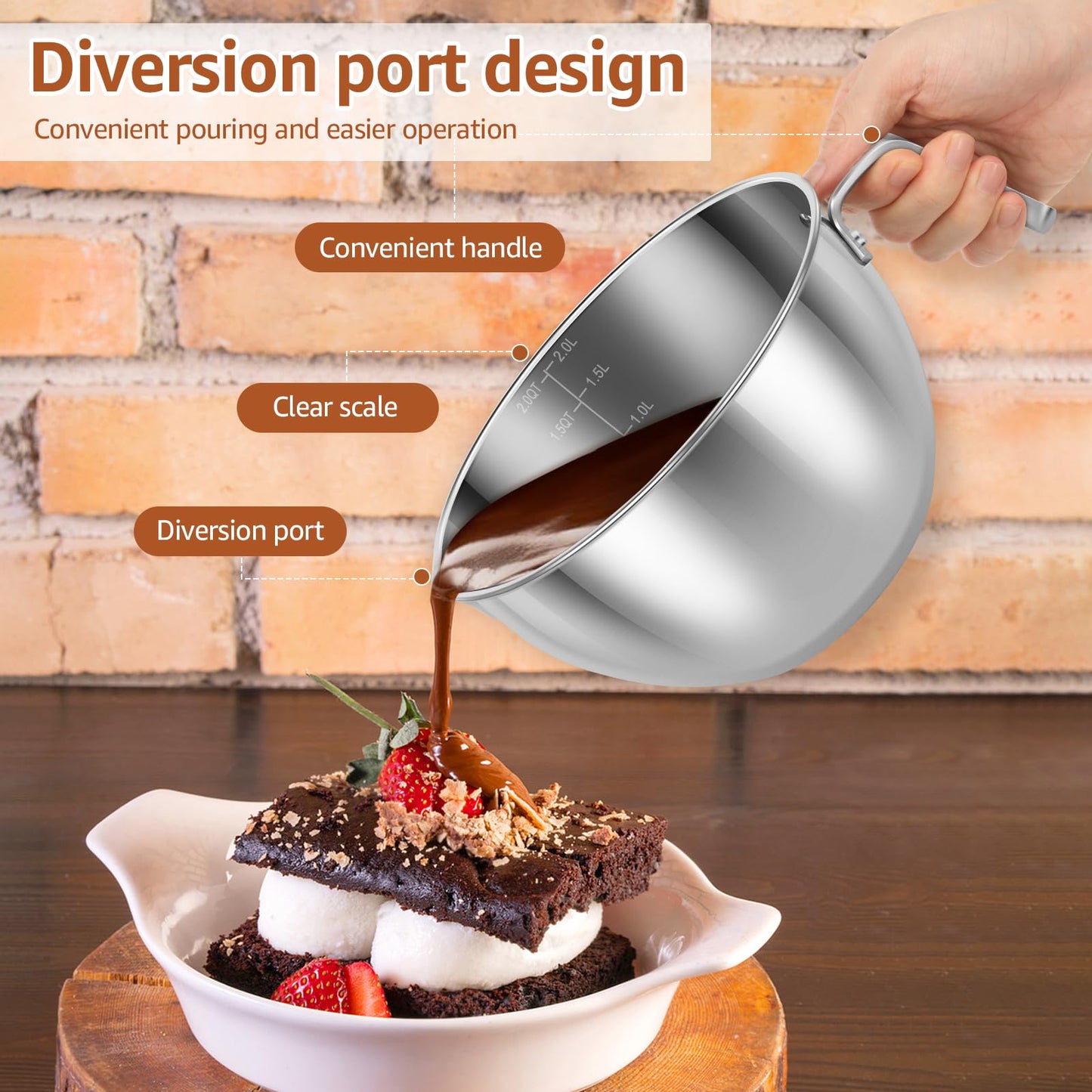 304 Stainless Steel Double Boiler Pot Set 2QT Chocolate Melting Bowl with Scale and Handle 2.6QT Dual-Handle Pot with Silicone Spatula and Spoon Stackable for Butter Chocolate Wax Sugar (A)