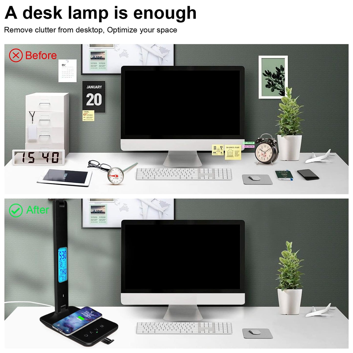 Whicow LED Desk Lamp Eye-Caring Table Lights Dimmable 5 Modes Touch Control Adjustable Table lamp with USB Charging Port for Home Office Reading, Studying Working