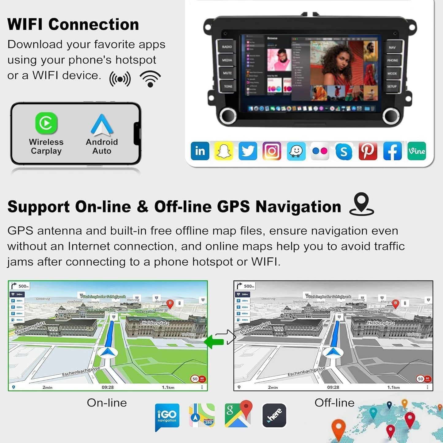 (4G RAM 64G ROM) Car Radio for VW Passat MK5 MK6 Jetta Golf tiguan, Android 13 7 Inch 5G WiFi Volkswagen Stereo Support Carplay/Android Auto,GPS Navigation with Bluetooth,Backup Camera,SWC/FM Radio
