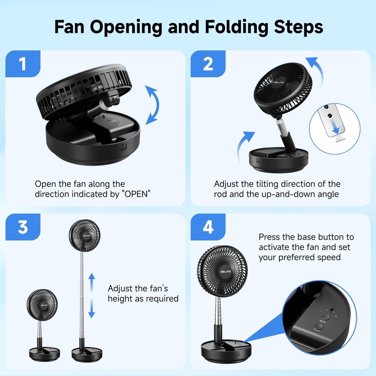 Belife X8 Portable Fan, Cordless 7200mAh Battery Operated Oscillating Fan, USB Rechargeable Desk Floor Fan with Remote, Foldable Telescopic Fan for Home Bedroom Sleeping Office Camping Travel