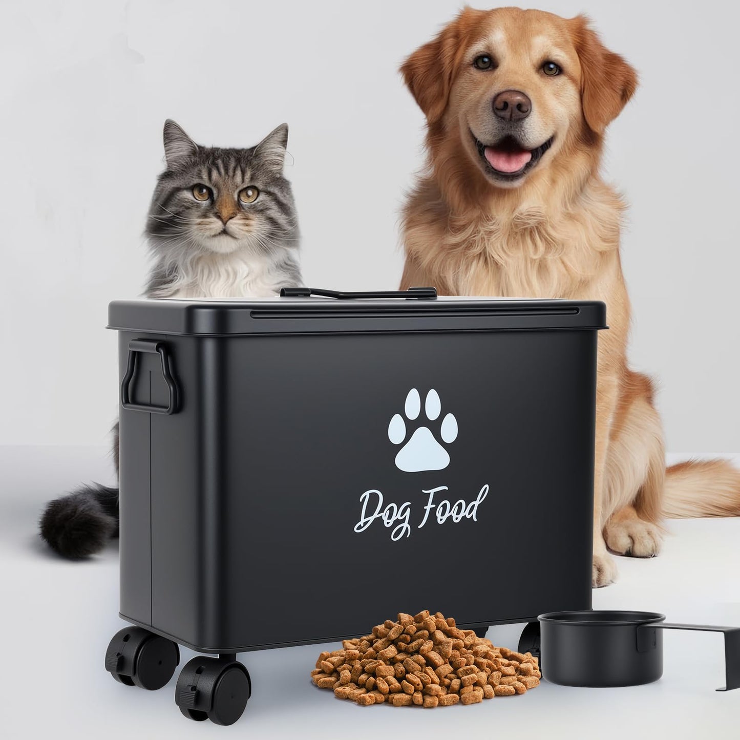 Himake Dog Food Container 13lb, Cute Airtight Pet Food Storage Containers with Metal Lid Scoop, Black Metal Storage Bin for Dog/Cat with Wheels,Easy to Move