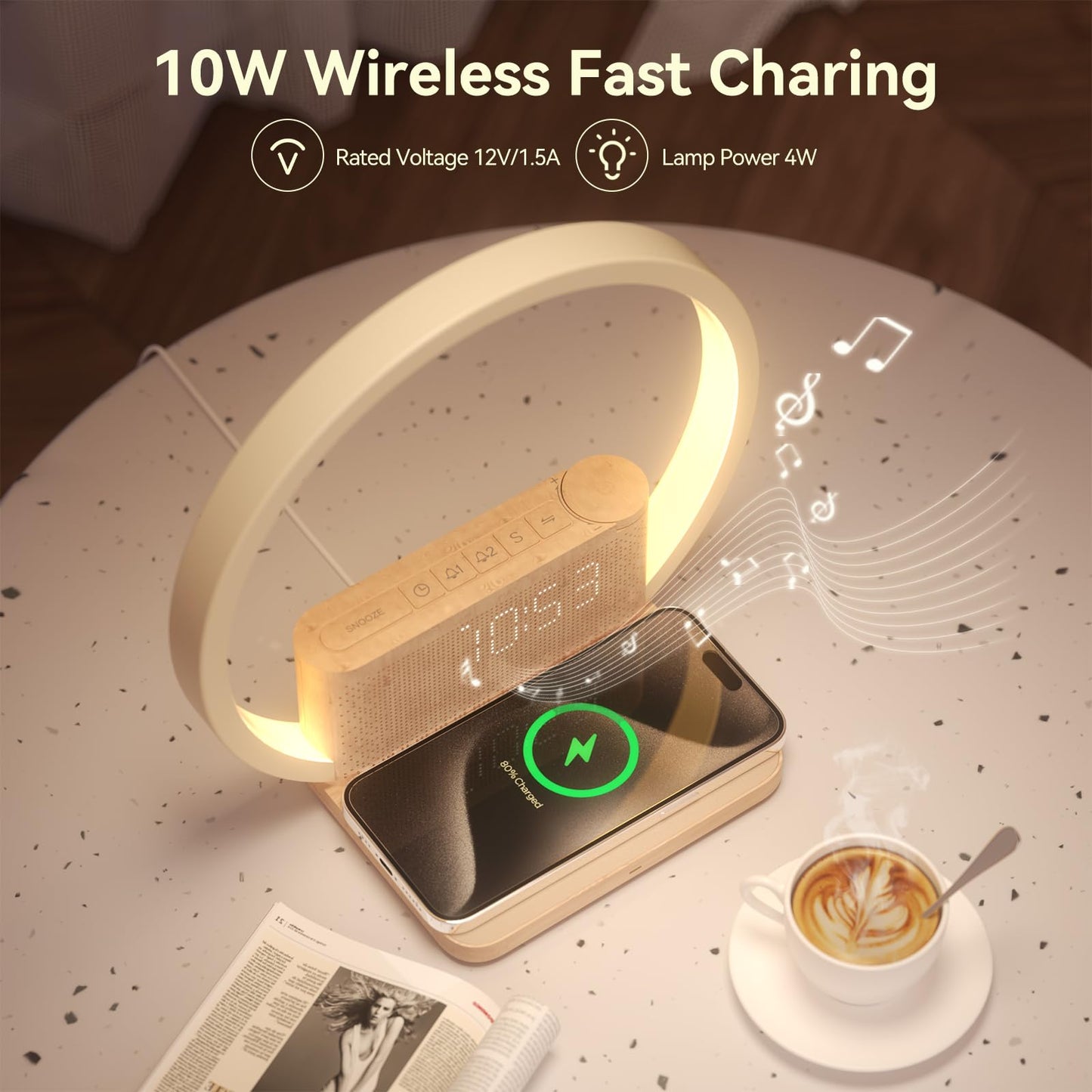 Vivilumens Sunrise Alarm Clocks Wireless Charger, 10 White Noise Sound Machine Alarm Clock with 30/60/90 Mins Timer, 3 Levels Touch Night Light, Dual Clocks for Heavy Sleepers, Ideal Gifts for Her