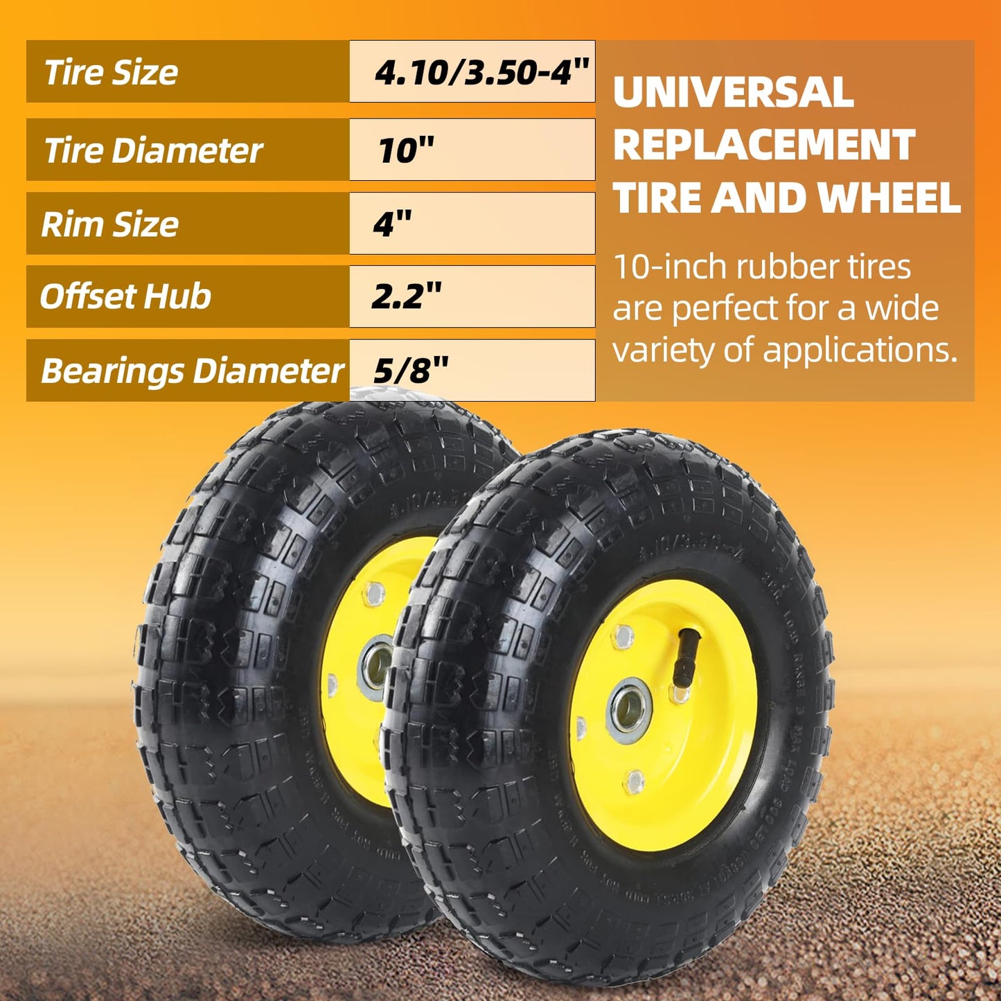 AR-PRO (2 Pack) 4.10/3.50-4 Tire and Wheel, Replacement 10-Inch Pneumatic Tire with 5/8" Bearings and 2.2" Offset Hub, Compatible with Hand Truck, Wheelbarrow, Wagon, Gorilla Carts