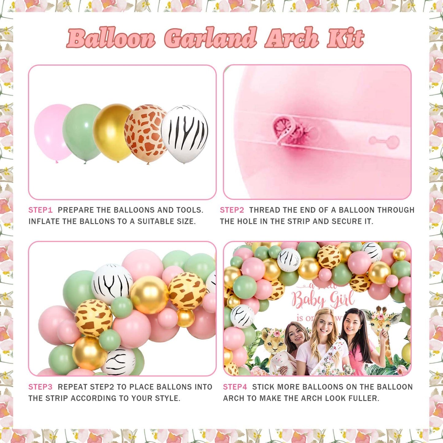 149 PCs Safari Baby Shower Decorations for Girl, Fiesec Jungle Themed Décor Backdrop Balloon Garland Arch Artificial Leaves Box Cutout Glitter Banner Cake Topper Sash Lion Cheetah Giraffe Pink