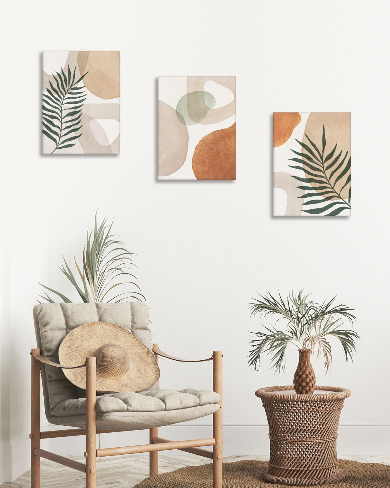 HesenDot Abstract Botanical Wall Art Set of 3, 30x40CM Neutral Plant Framed Canvas Prints, Beige Green Boho Aesthetic Wall Decor for Living Room Bedroom Bathroom Office Home