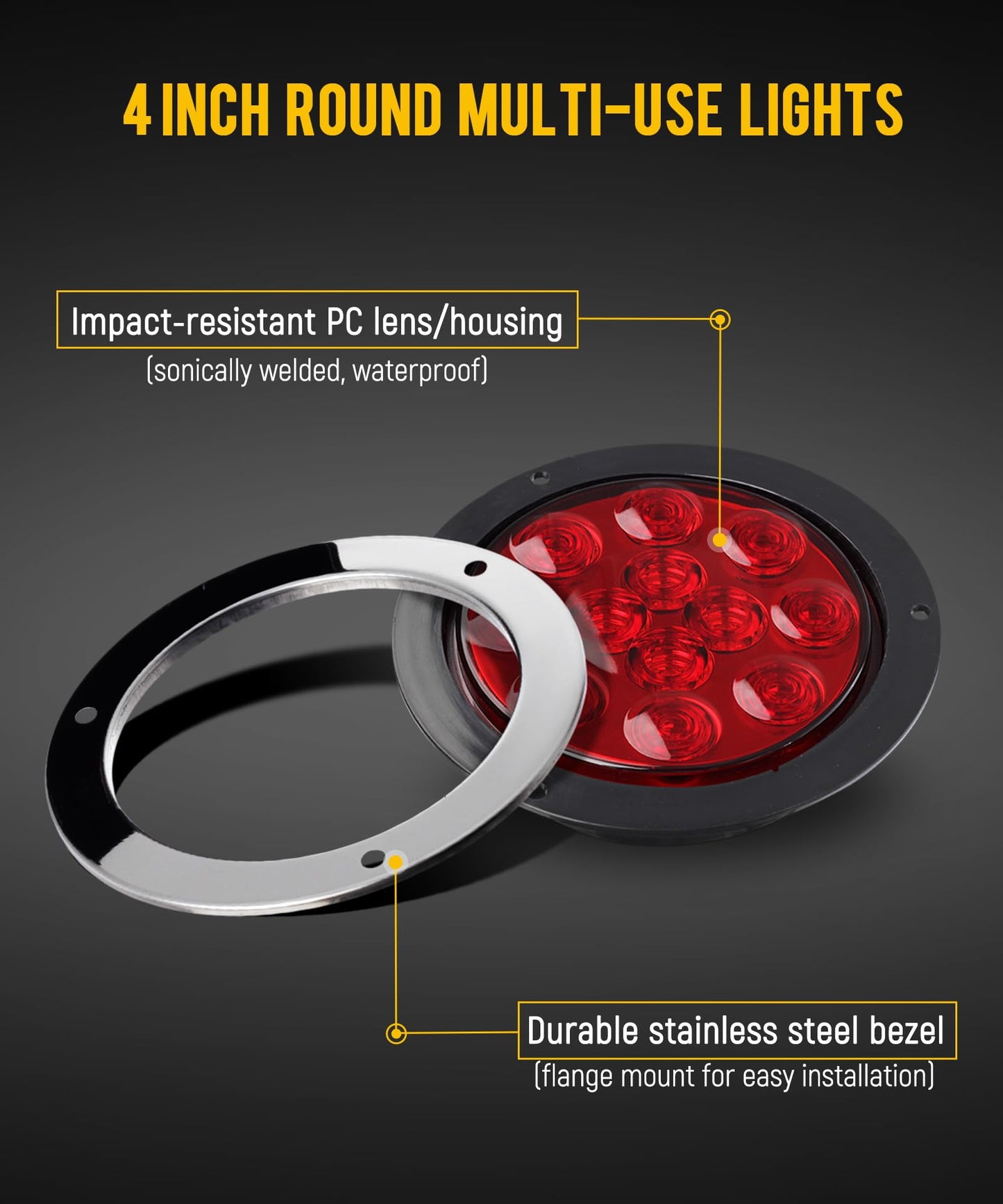 Partsam 4 Red + 2 White 4" Round Led Stop Turn Tail Back-up Reverse Fog Lights Include Lights Flange Mount 12 LED for Truck Trailer RV