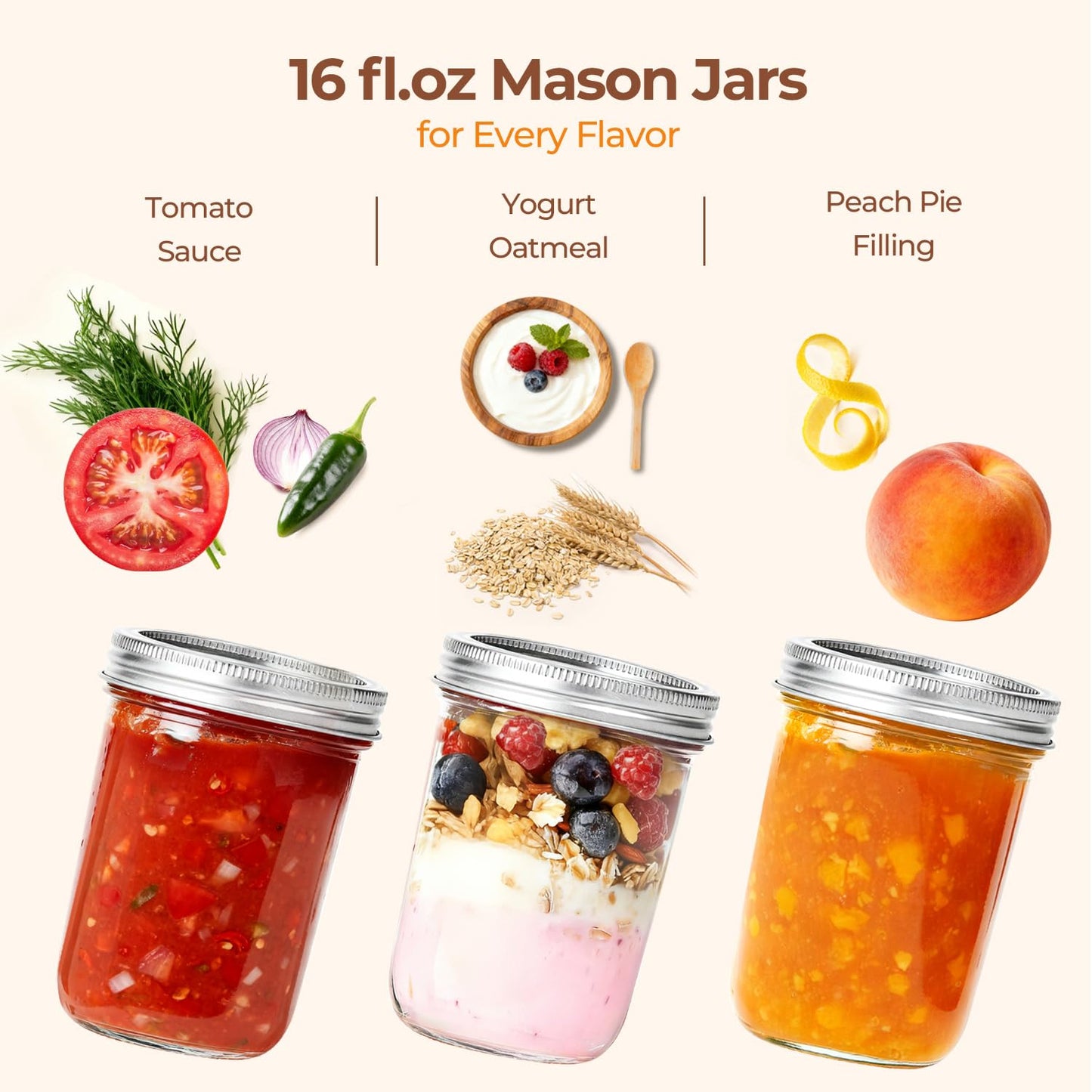 ComSaf Wide Mouth Mason Jars 16oz - 8 Pack, Pint Mason Jars with Lids and Seal Bands, Glass Canning Jars for Pickling, Jam, Jelly, Overnight Oats, Yogurt, Chia Pudding, Salad, Desert, DIY Candles