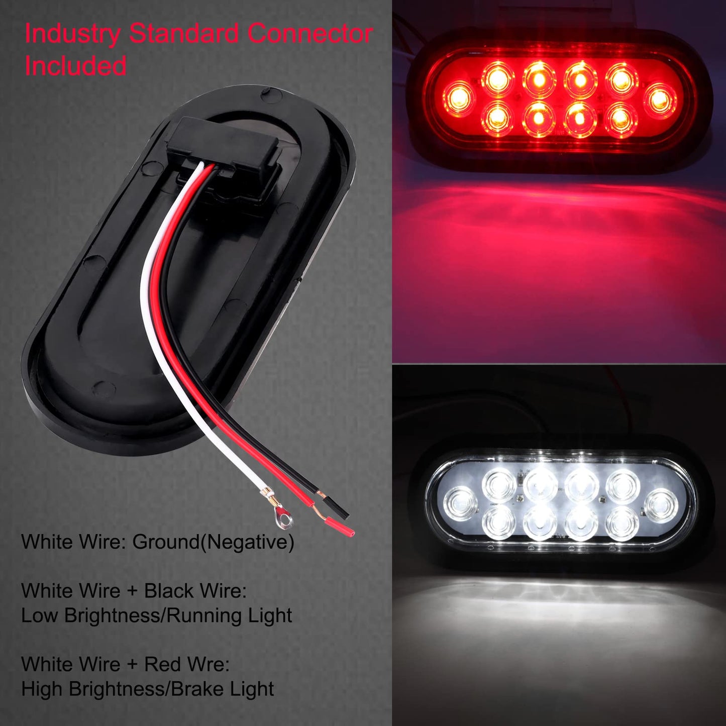 VINAUO 4 Red + 2 White 6" Oval LED Trailer Tail Light Kit, Grommets & 3-pin Water Tight Plugs Included, Stop Brake Turn Reverse Back Up Trailer Lights IP67 Waterproof for Trailer RV Truck Jeep