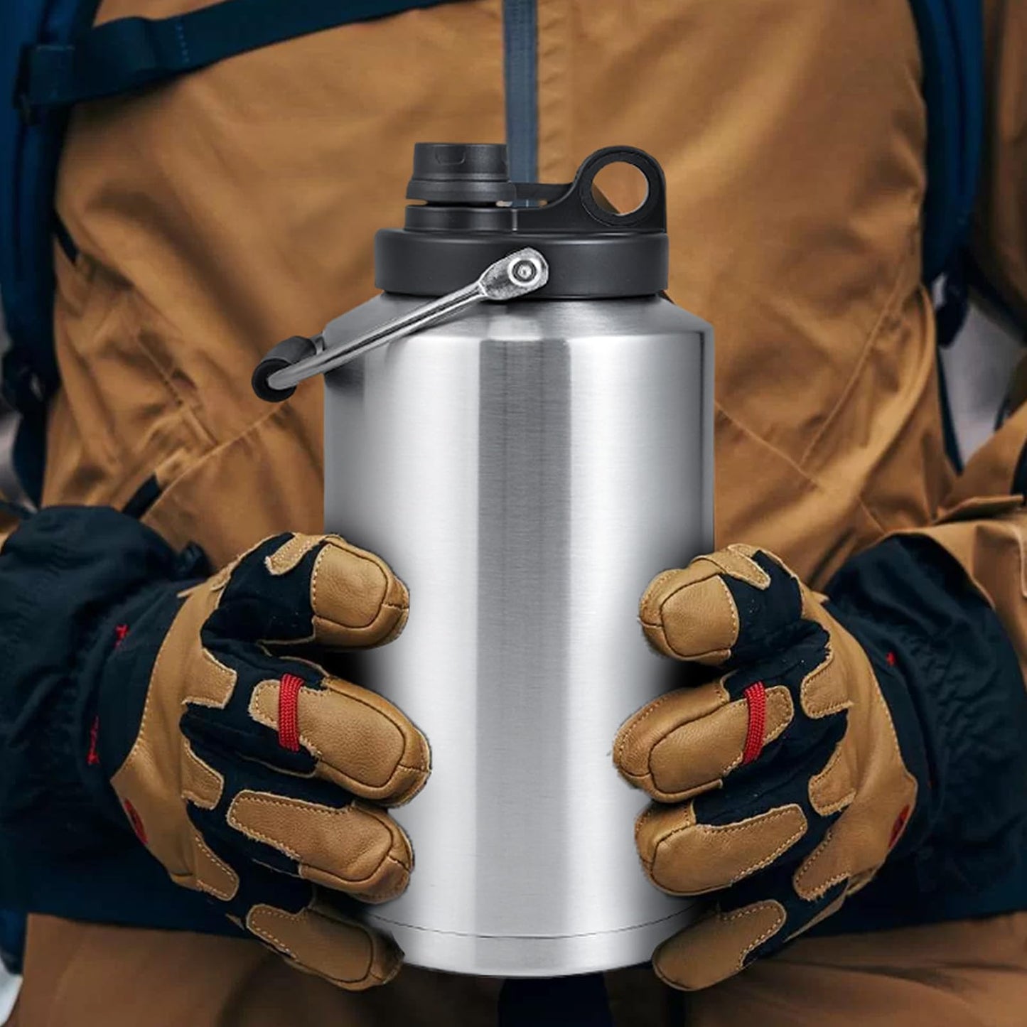 Insulated Gallon Jug with Handle, 1 Gallon, 128oz Stainless Steel, Large Double Vacuum Water Bottle for Hot & Cold Drinks, Wide Mouth, Sweat Proof, Great for Travel, Camping, Stainless