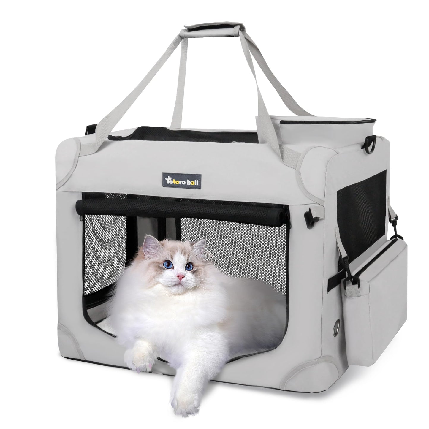 Totoro Ball Large Cat Carrier for Cats Collapsible Soft Pet XL Crate for Large/Medium Cats 15lbs+, Car Travel Portable Bag with Water Bottle Slot Ideal for Long Trips (Grey, 20.0"L x 14.0"W x 14.0"H)