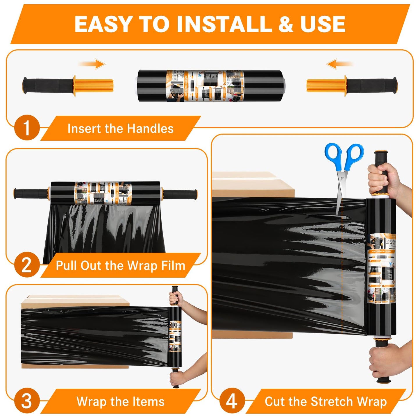 Origuuds Stretch Film, 80 Gauge Stretch Wrap with Handles, Industrial Strength Plastic Wrap for Moving, Pallet Wrap, Luggage, Furniture Wrapping, Packing (Black/15 Inch x 1000 Feet, 2 Roll)