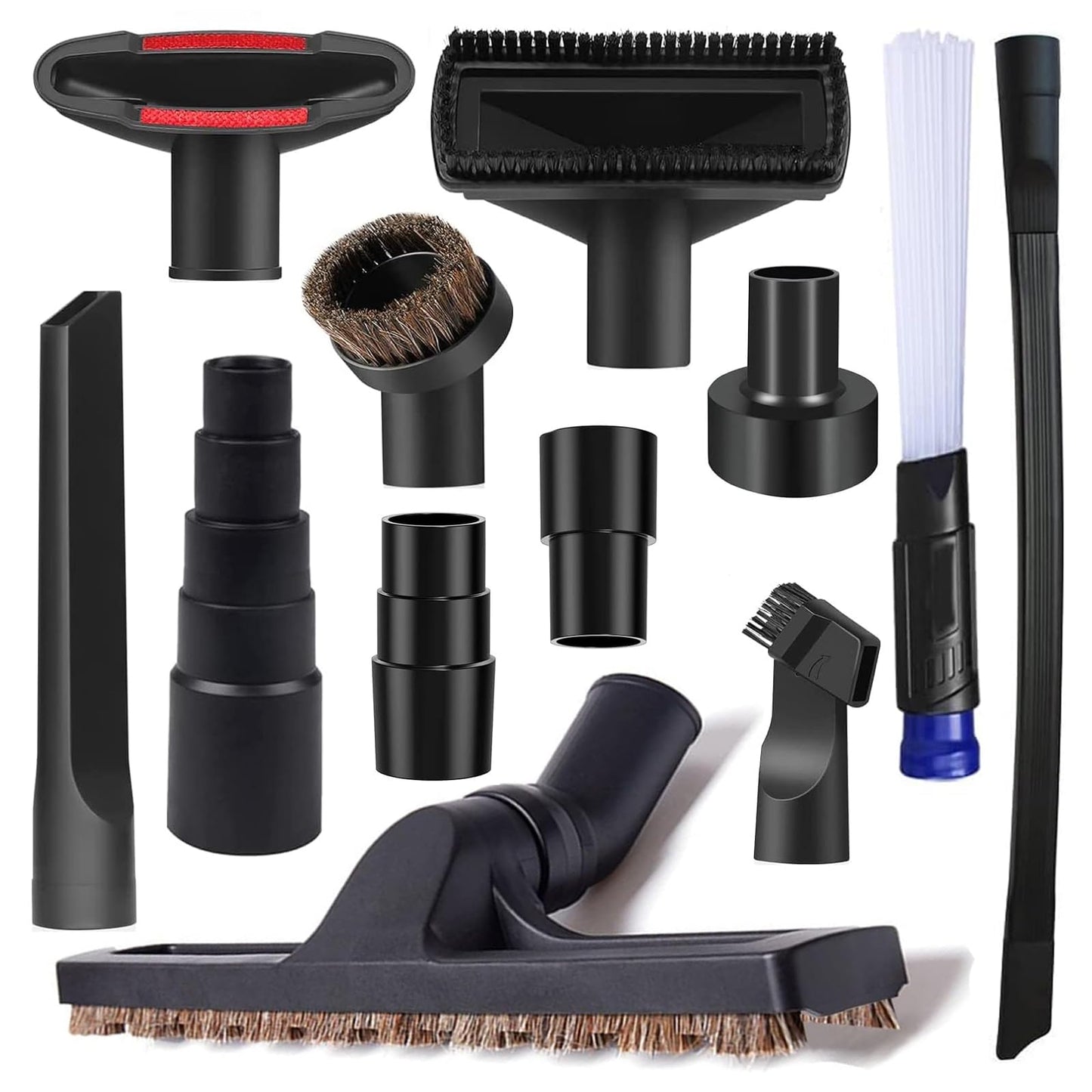 12Pcs Universal Vacuum Attachment Professional Shop Vac Accessories Wet Dry Vacuum Hose Adapter with Hair Brush Extension Wand Flexible Crevice Tool fit 2 1/2" to 1 1/4" and 1 7/8" to 1" Vacuum Hose