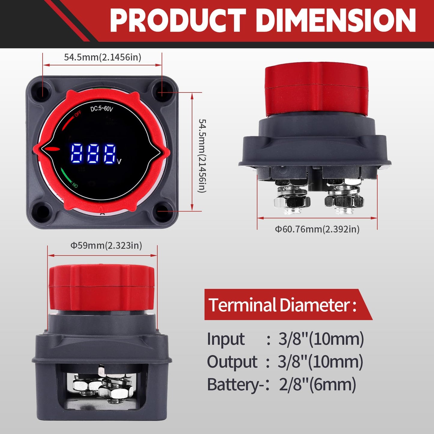 AWBLIN Upgrade Battery Disconnect Switch with Voltmeter, DC 5-60V Master Isolator Cut/Shut Off Switch for Marine Boat Car Truck Camper RV Trailer Vehicles Engine Application (On/Off)