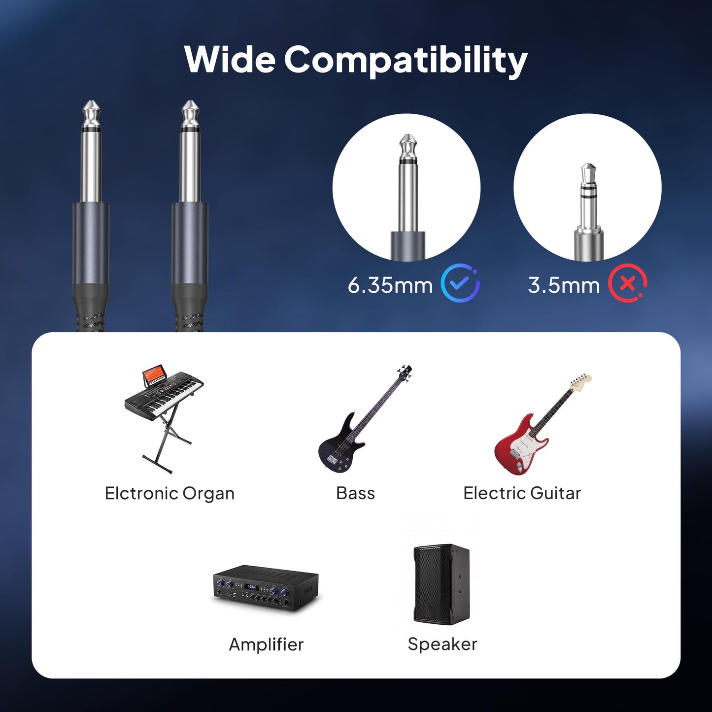 Elebase 1/4" Guitar Cables 20FT 2 Packs,Quarter inch 6.35mm Guitar Jack Amp Cord,1/4 Straight 6.3mm Male Instrument Cable,TS Mono Audio Jack Plug Wire for Electric Bass,Amplifiers,Amp,Pedals,Beginner
