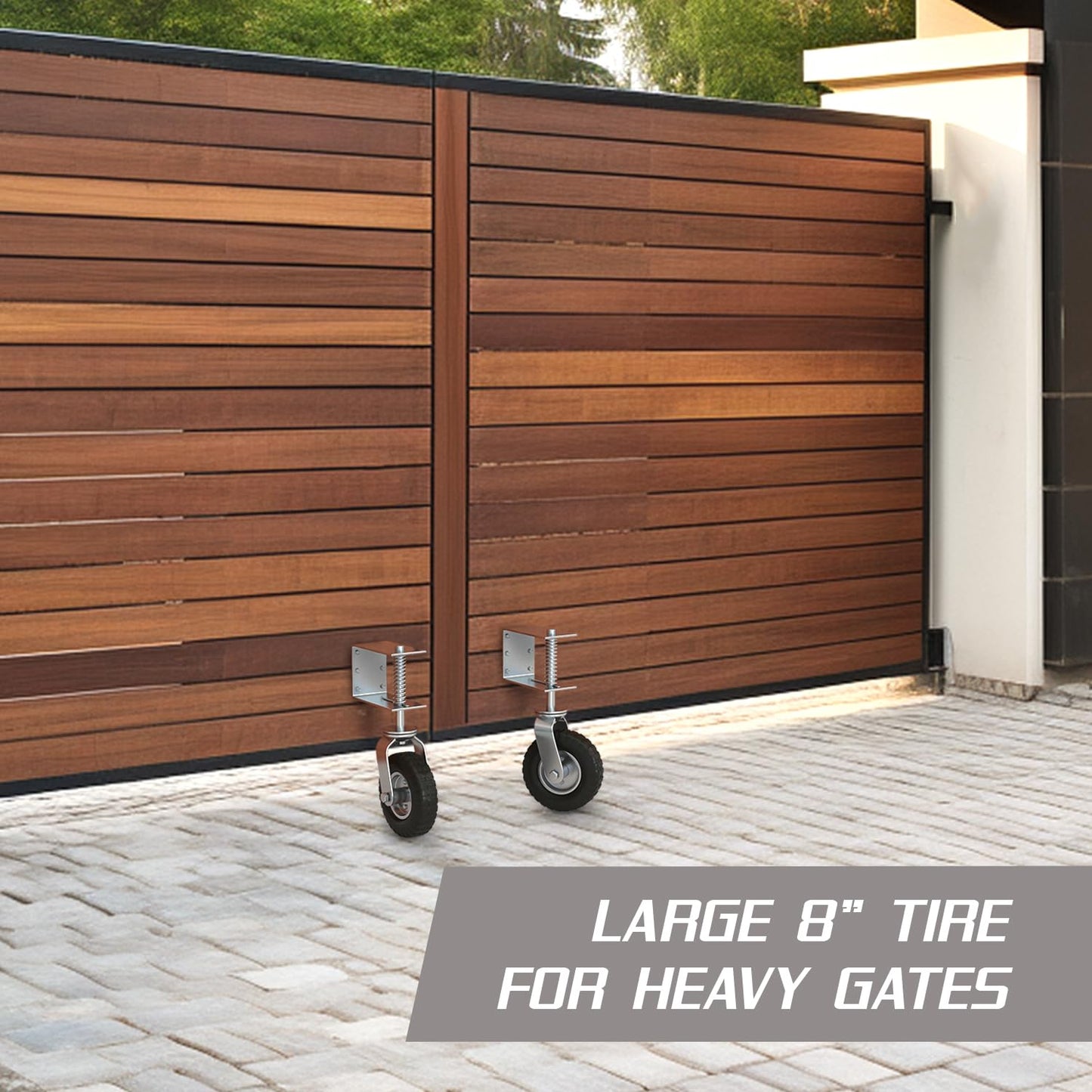Heavy Duty Fence Gate Wheel - 8-inch Gate Wheels for Wooden or Metal Gate - Spring Loaded Gate Caster Wheel with Suspension for Swing or Rolling Gate Support - Flat Free Tire - 360 Degree Swivel