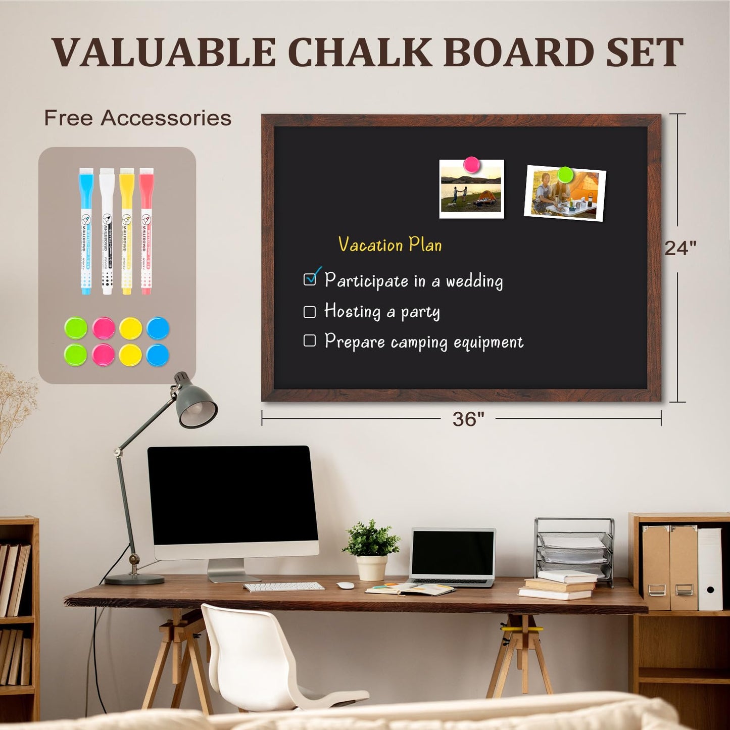 AMUSIGHT Chalk Board 36" x 24" Magnetic Chalkboard for Wall, Rustic Brown Framed Blackboard, Hanging Black Chalkboards for Home Décor, Restaurant & Café Menus, 4 Markers 8 Magnets