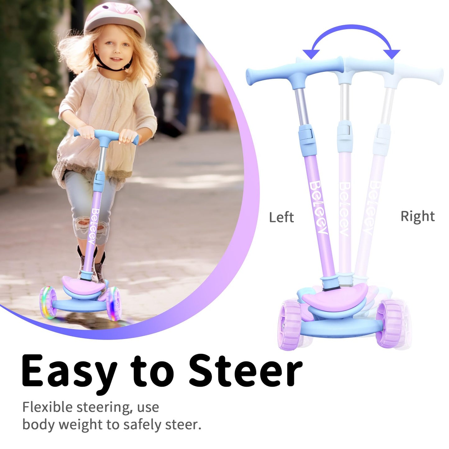 BELEEV A8 Scooter for Kids Ages 3-12, 3 Wheel Folding Scooter for Toddlers Girls & Boys with LED Light Up Wheels, 4 Adjustable Height, Extra Wide Deck, Lightweight Kick Scooter for Children (Purple)