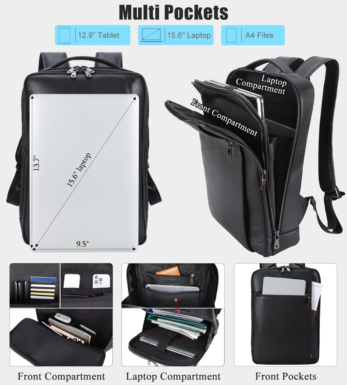 Masa Kawa Slim Genuine Leather Business Backpack for Men Women 15.6" Laptop Bag Office Work Travel Small Thin Computer Casual Daypack, Black