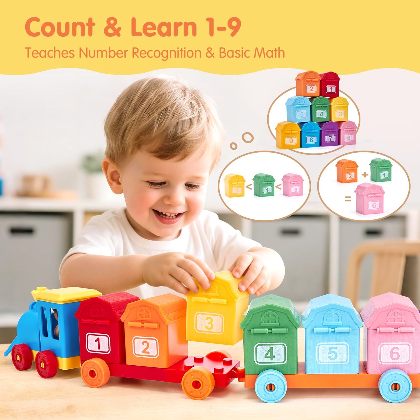 hahaland Toddler Learning Farm Train Set for Toddlers 1-3 Years - Counting Matching & Sorting Montessori Toys, Finger Puppets, Keys to Lock and Unlock Barns Birthday for Baby Boys Girls