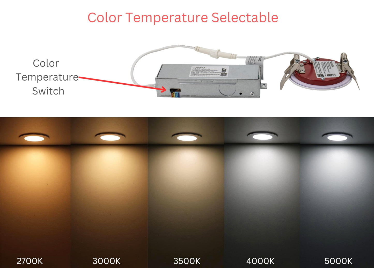 YUURTA (6-Pack) 3-Inch 5W 2-Hour Fire Rated Color Selectable 2700K/3000K/3500K/4000K/5000K Ceiling Recessed LED Downlight (Pot Light) 120V 400lm Dimmable Wet Locations IC Rated UL Certified (White)