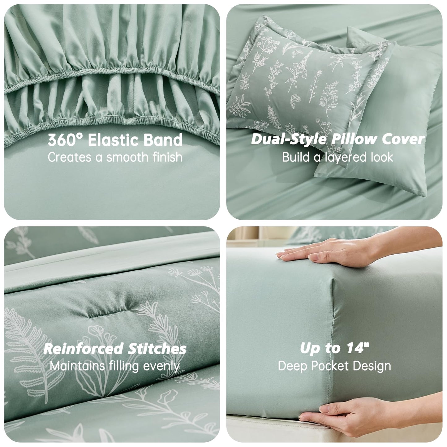 MUXHOMO Bed in a Bag Queen 7 Pieces, Sage Green Queen Comforter Set Reversible Botanical Flowers Design, Ultra Soft & Breathable Bedding Sets with Comforter, Sheets, Pillowcases & Shams