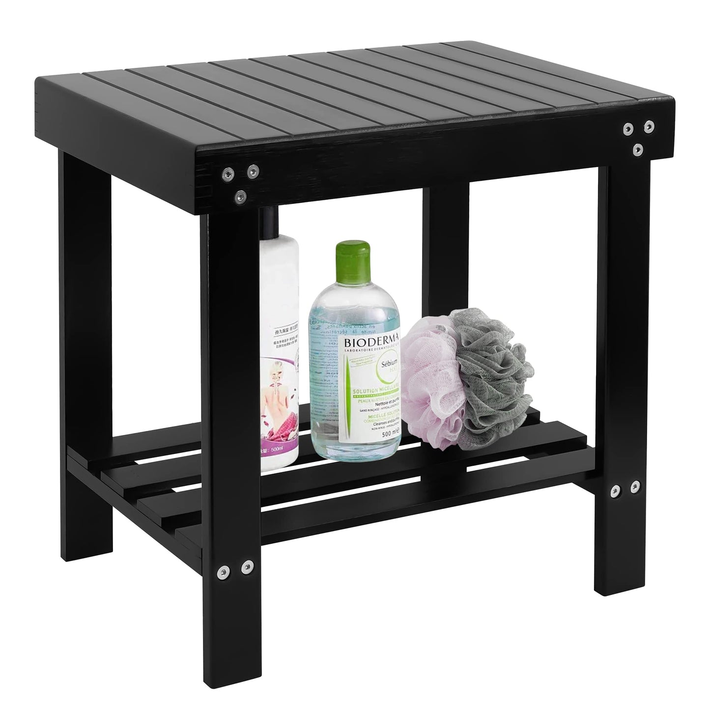 VaeFae - Bamboo Spa Bench with Non-Slip Feet and Shampoo Towel Storage Shelf, Works in Bathroom, Living Room, Bedroom, Garden, Black