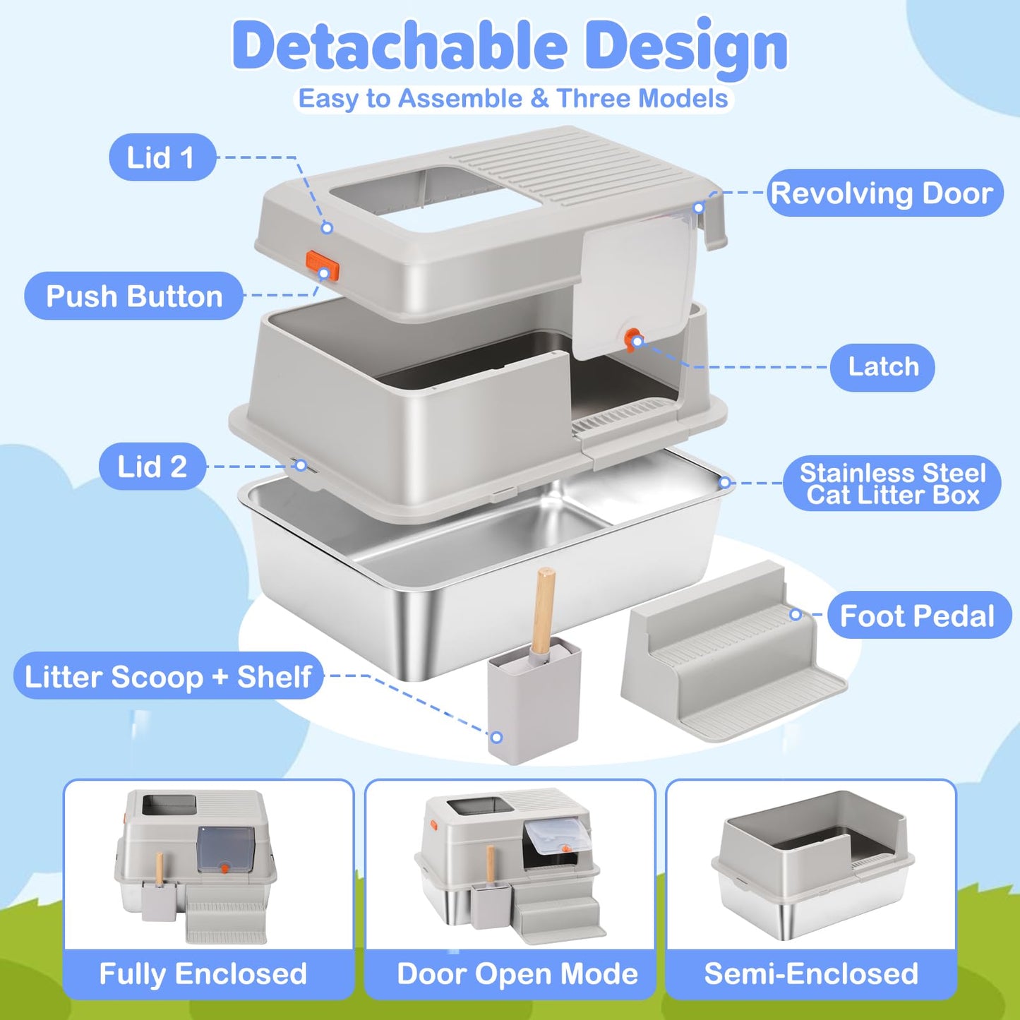 Large Top Entry Stainless Steel Litter Box with Lid,for Large Cats, with Removable Lid, Pedal and Scoop. Odor-Free, Easy to Clean, Anti-Urine Leakage, for Big/Multiple Cats (Grey)