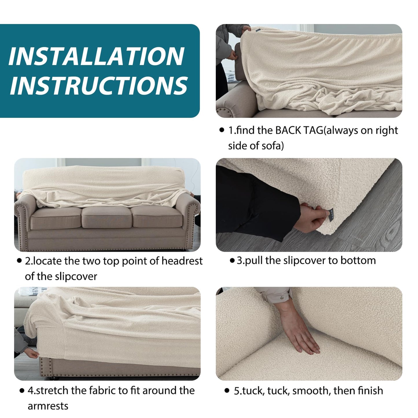 Turquoize Teddy Fleece Sofa Covers with Waterproof Seat Couch Cover 1 Piece Stretch Sofa Slipcover with Elastic Bottom Furniture Protector for Kids, Pets, Dog 3 seat (Seat Width 58"-66"), Cream