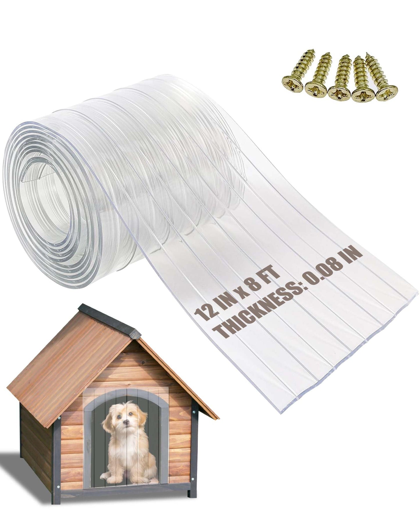 Ezcasch Dog Door Replacement Flap 12'' x 8' Clear PVC Doggie Flaps Customizable Plastic Vinyl Strips Thermal Insulation Thickness 0.08 in with Screws for DIY Doggie or Cat House