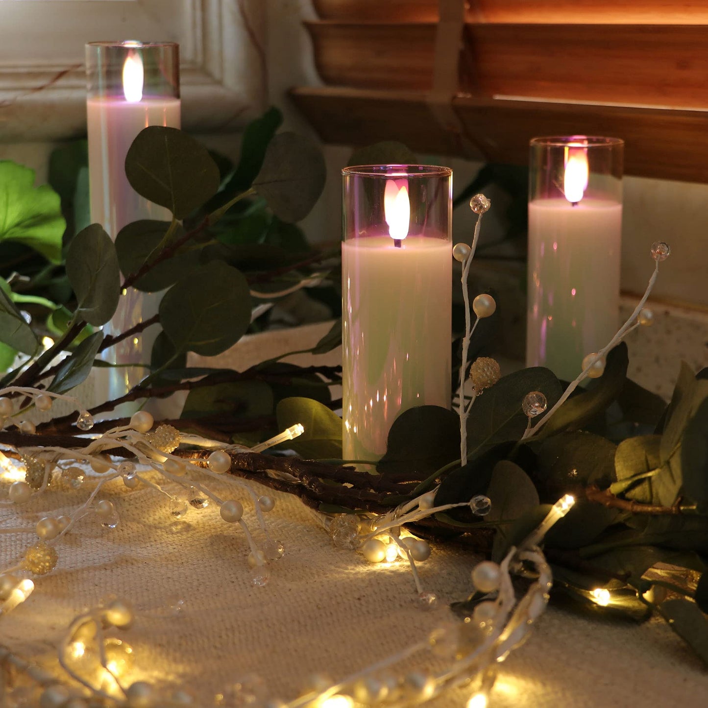 Rhytsing Glass Battery Operated LED Candles, White Slim Flameless Candles with Remote, Warm White Light, 8 Batteries Included - Dia.5 cm - Set of 4 (Pearlescent)