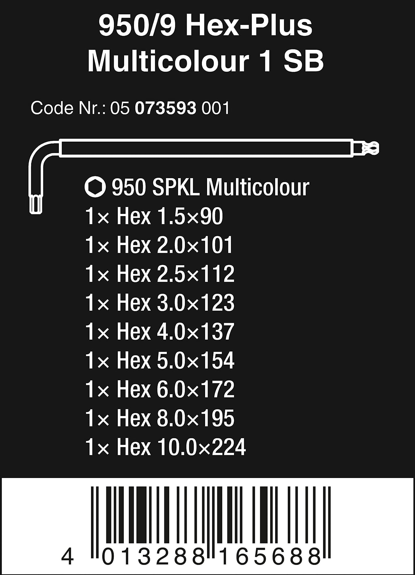 Wera 05073593001 950 Spkl/9 Sm N Multicolor L-Key Set, Metric, Blacklaser, 9 Pieces