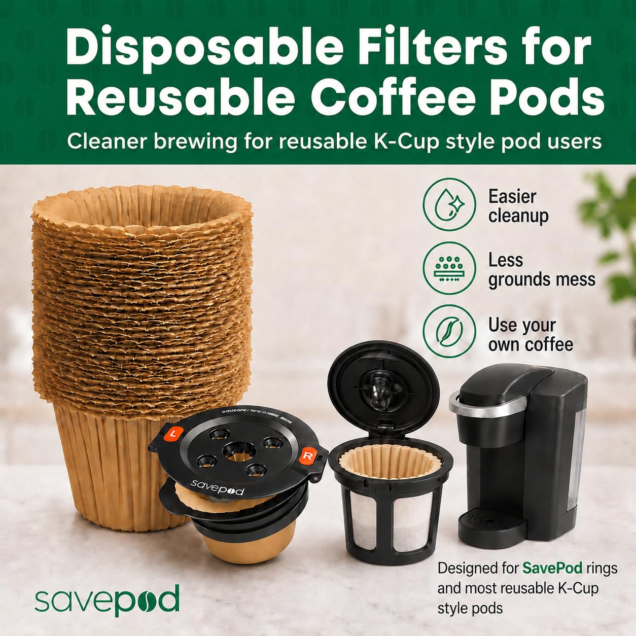 Savepod Disposable Unbleached Coffee Filters - 300 Count - Made Exclusively for Savepod - Compatible with K-Cup Brewers - Reusable K-Cup Coffee Filters - Single Serve Use