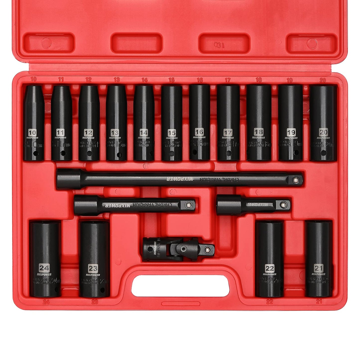 MIXPOWER 1/2-Inch Drive Deep Impact Socket Set, CR-V, Metric Size 10-24mm, 6 Point, Perfect for Home, Mechanic and Repair Project, 19-Piece Sockets Set with Extension Bar and Universal Joints.