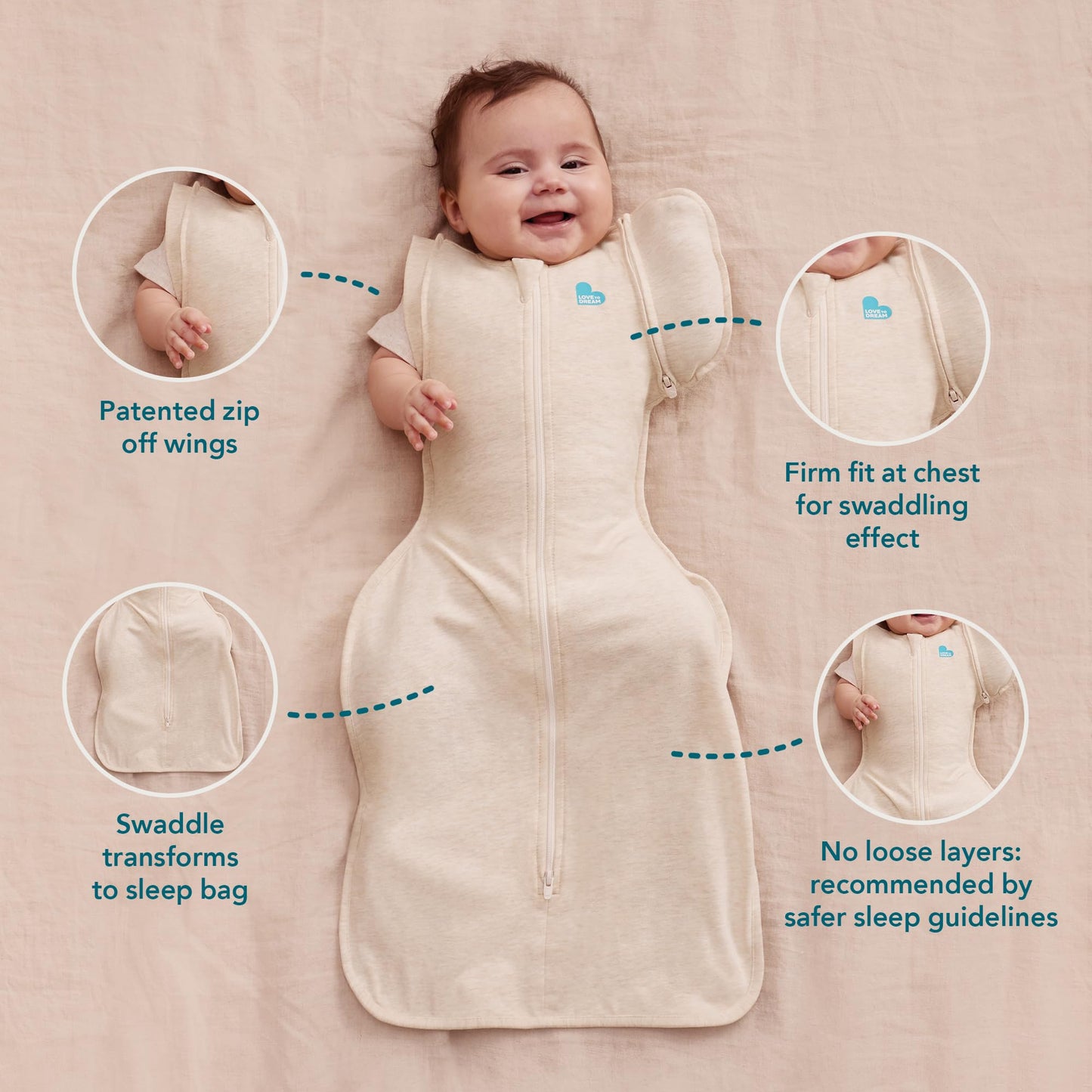 Love to Dream Swaddle Up Transition Bag - Arms Up Position - Light and Ultra Breathable Cotton - Twin Zip - Zip Off Wings - Spring, Summer - Sleep Bag - 0.2TOG - Olive, Medium (6-8.5kg)