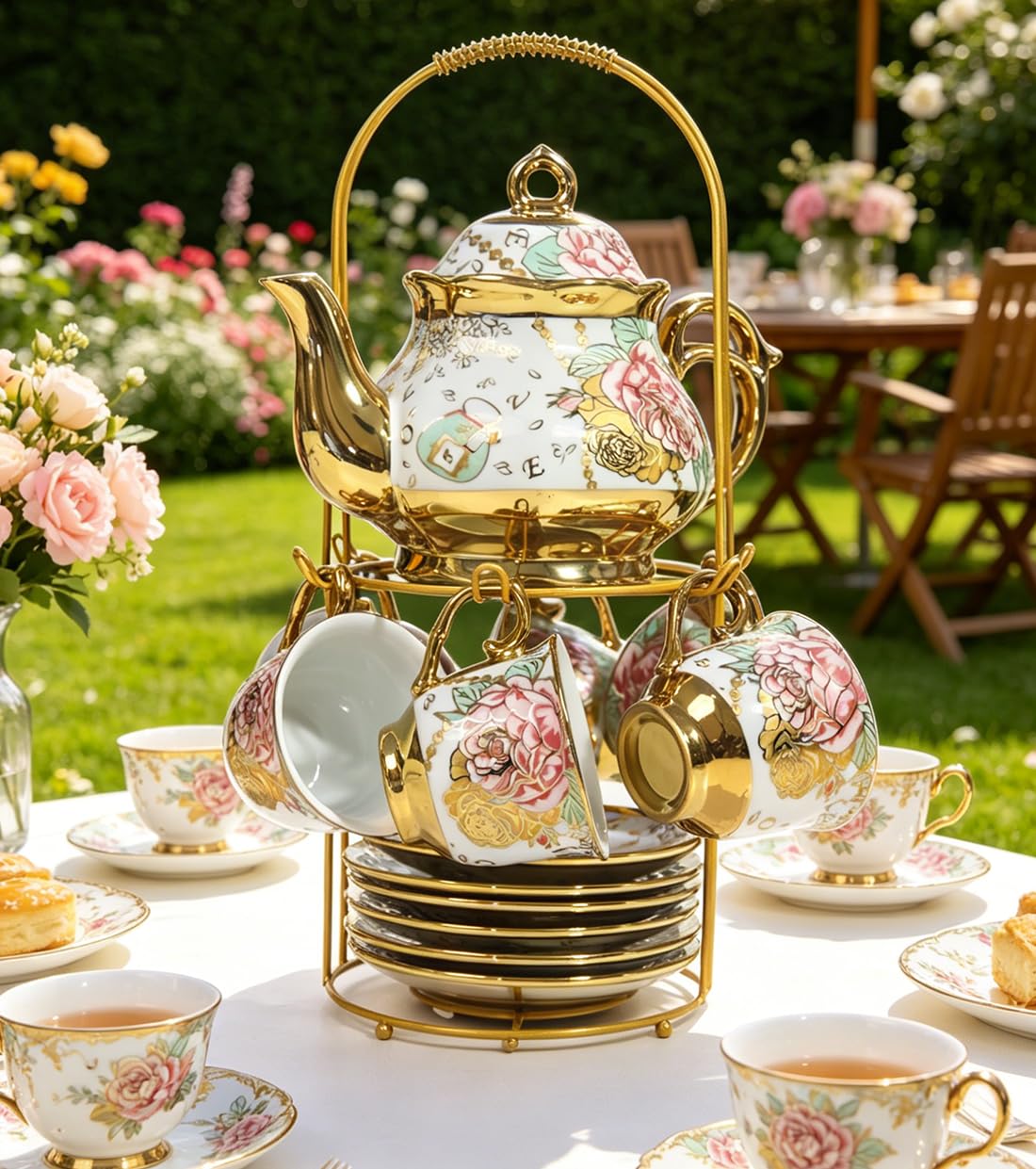 CHANJOON Gold Plated Red Rose Ceramic Tea Sets, Vintage Tea Set with Teapot, Beautiful Tea Set Coffee Serving 6 People (Golden, Medium)