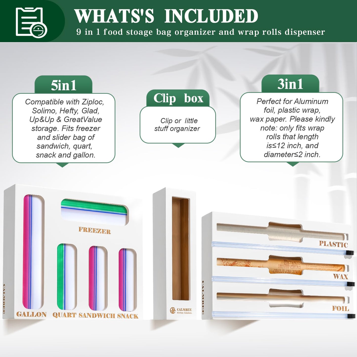 Calmbee 9 IN 1 Storage Bag Organizer for Kitchen Drawer, Bamboo Foil and Plastic Wrap with Cutter, Organizers Compatible Gallon, Quart, Sandwich Snack Size (White)