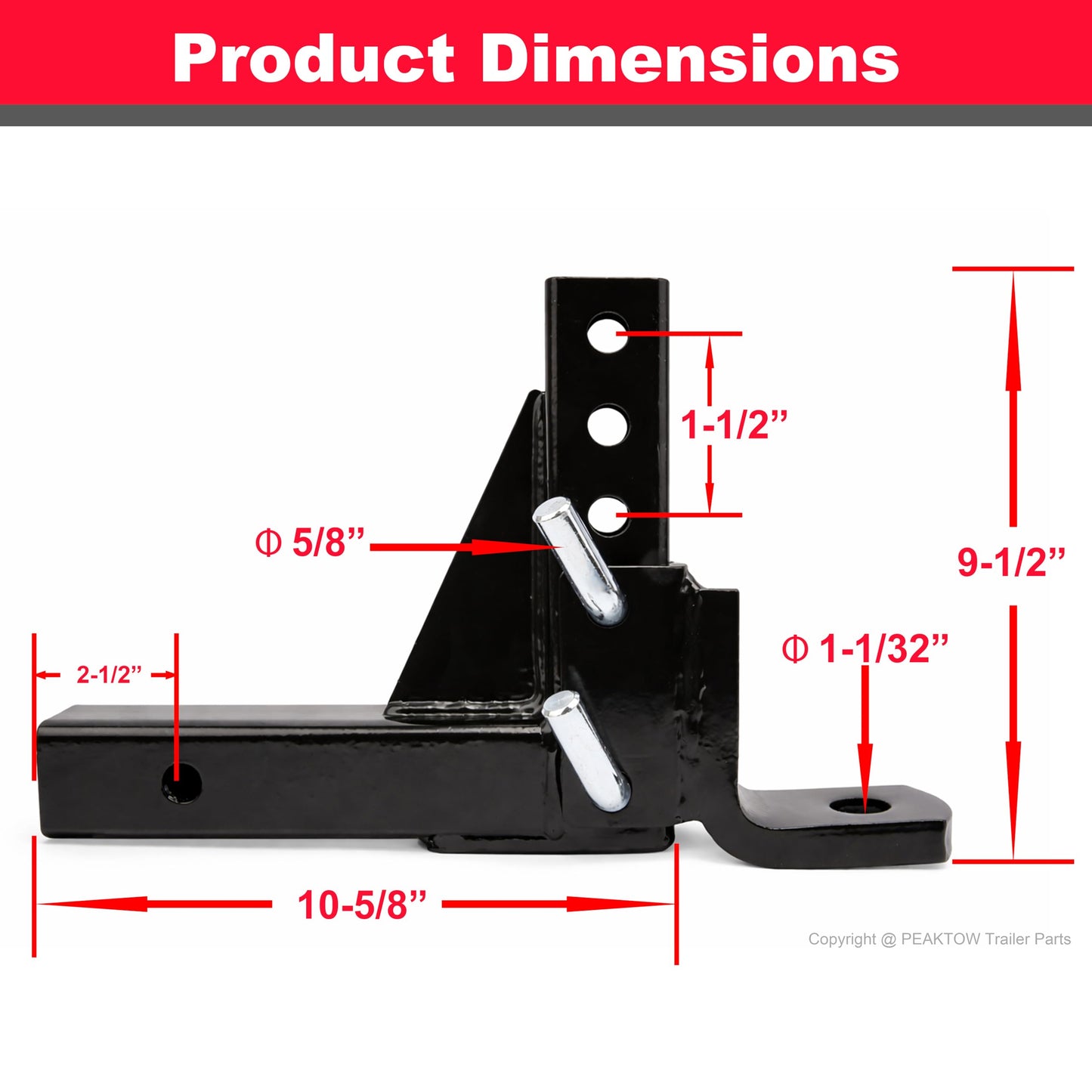 PEAKTOW Adjustable 8-Position Trailer Ball Mount Fits 2” Receiver, 9-1/2” Drop and 10” Rise, 5000lbs. GTW Capacity PTT0061