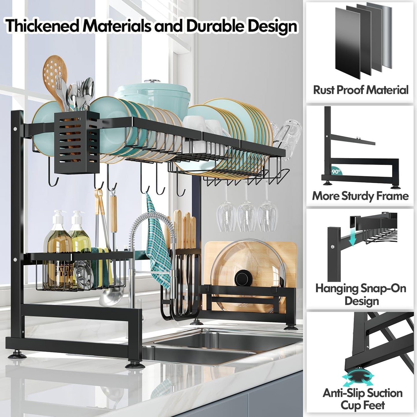 MAJALiS 2 Tier Over Sink Dish Drying Rack Stainless Steel Large Drainer for Kitchen, Height Adjustable Above Sink Shelf, Expandable Space Saving Over Counter Organizer with 6 Hooks, Black