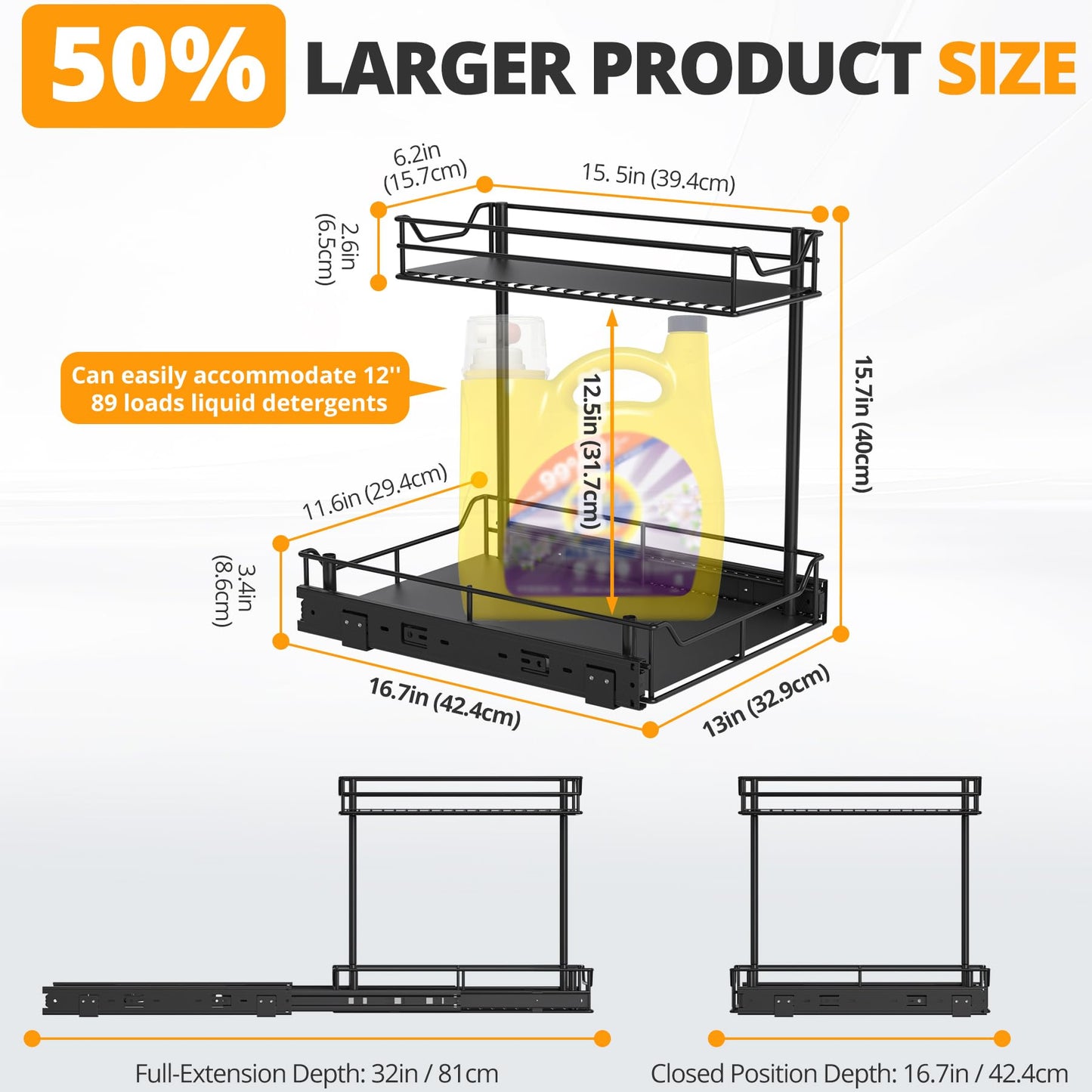 2 Pack Heavy Duty Under Sink Organizer, Pull Out Cabinet Organizer for KItchen Bathroom, 2 Tier Kitchen Sink Organizer and Storage, Fully Extendable, Large-sized, 16.7"D x 13"W x 15.7"H